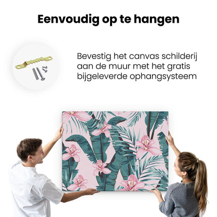 Canvas Schilderij Ophangen Tropische Roze Zomer Bloemen Met Bladeren