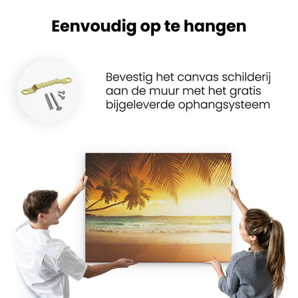 Canvas Schilderij Ophangen Tropisch Strand Tijdens Zonsondergang 