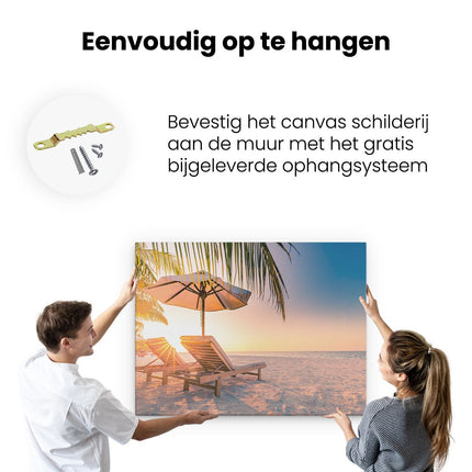 Canvas Schilderij Ophangen Tropisch Strand Tijdens Zonsondergang