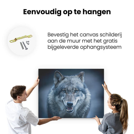 Canvas Schilderij Ophangen Wolvenkop Met Blauwe Ogen - Wolf