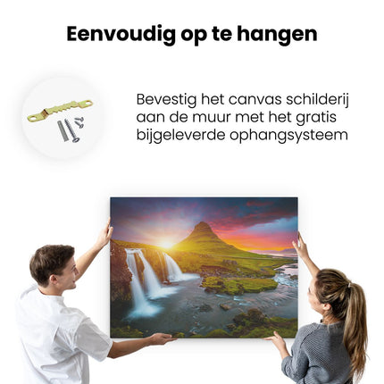 Canvas Schilderij Ophangen Waterval Bij Een Vulkaan Met Zonsondergang