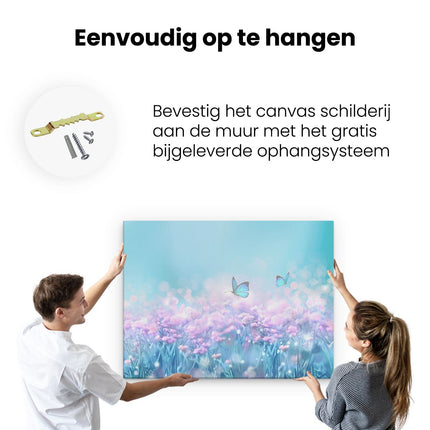 Canvas Schilderij Ophangen Twee Blauwe Vlinders Bij Roze Bloemen