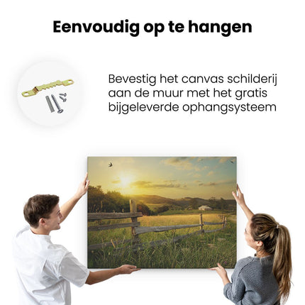 Canvas Schilderij Ophangen Boerderij Hekken op het Grasveld