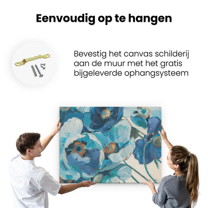 Canvas Schilderij Ophangen Kunstwerk van Blauwe Bloemen op een Witte Achtergrond