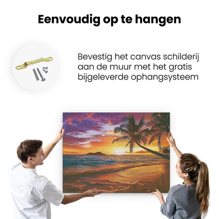 Canvas Schilderij Ophangen Zonsondergang op een Strand met Palmbomen