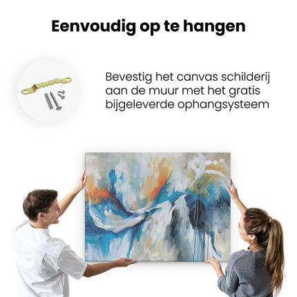 Canvas Schilderij Ophangen Abstract Kunstwerk met Blauwe, Oranje en Witte Kleuren