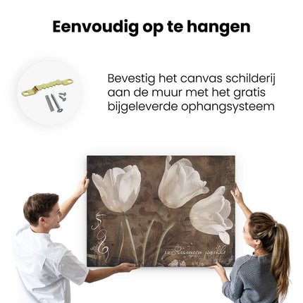 Canvas Schilderij Ophangen Drie Witte Tulpen op een Bruine Achtergrond