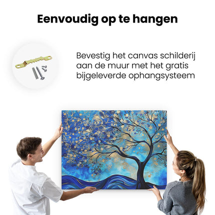 Canvas Schilderij Ophangen Abstract Kunstwerk van een Boom in Blauw en Goud