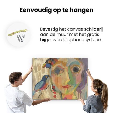 Canvas Schilderij Ophangen Kunstwerk van een Vrouw met Vogels op haar Hoofd