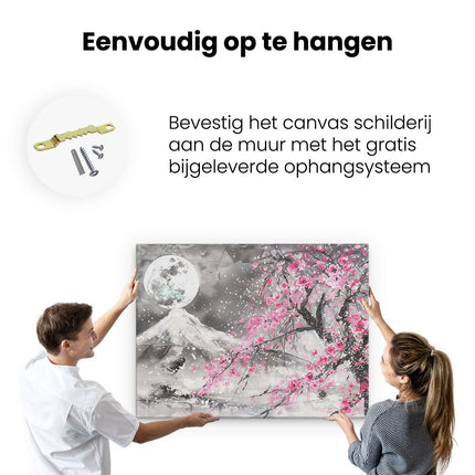 Canvas Schilderij Ophangen Kunstwerk van Kersenbloesems en een Volle Maan