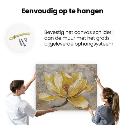 Canvas Schilderij Ophangen Kunstwerk van een Gele Bloem op een Bruine Achtergrond