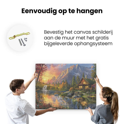 Canvas Schilderij Ophangen Kunstwerk van een Hut aan een Meer