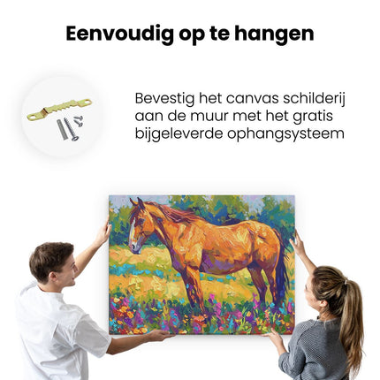 Canvas Schilderij Ophangen Paard in een Veld met Bloemen