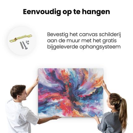 Canvas Schilderij Ophangen Abstract Kunstwerk van Kleurrijke Verfspatten op een Witte Achtergrond