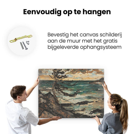 Canvas Schilderij Ophangen Kunstwerk van een Boom op een Rotsachtige Kust