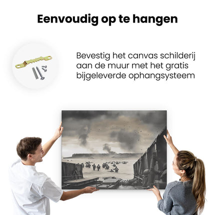 Canvas Schilderij Ophangen Groep Soldaten op een Boot in het Water