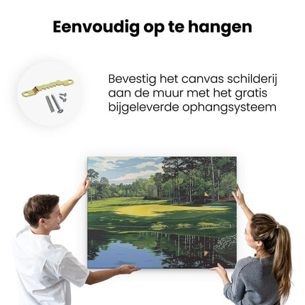 Canvas Schilderij Ophangen Kunstwerk van een Golfbaan met Vijver