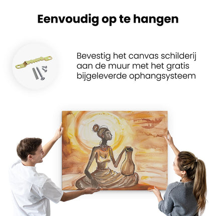 Canvas Schilderij Ophangen Aquarelkunstwerk van een Afrikaanse Vrouw die een Kruik Vasthoudt