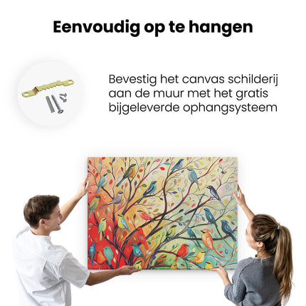 Canvas Schilderij Ophangen Kleurrijke Vogels in een Boom