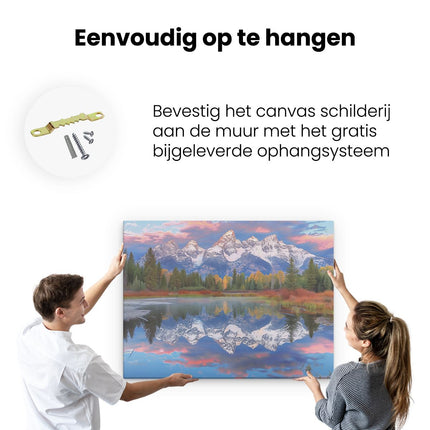 Canvas Schilderij Ophangen Het Grand Teton-Gebergte Wordt Weerspiegeld in een Meer