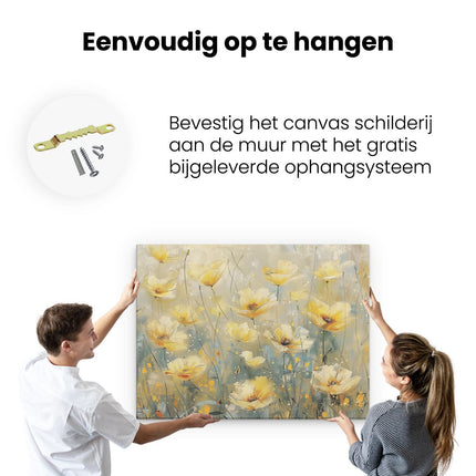 Canvas Schilderij Ophangen Gele Bloemen in een Veld