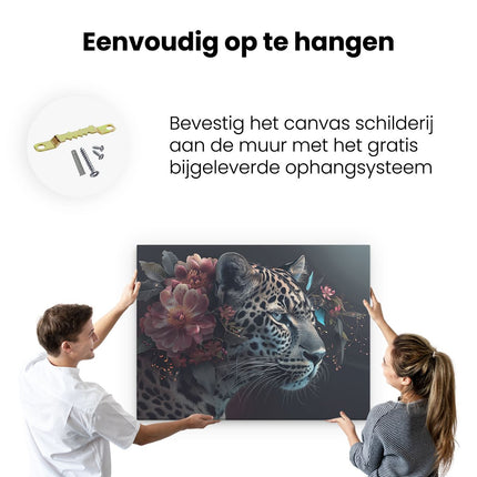 Canvas Schilderij Ophangen Luipaard met Bloemen op zijn Kop