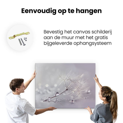 Canvas Schilderij Ophangen Waterdruppels op een Paardenbloem