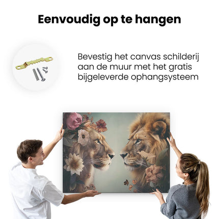 Canvas Schilderij Ophangen Twee Leeuwen die Elkaar Aankijken