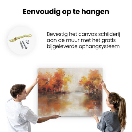 Canvas Schilderij Ophangen Kunstwerk van Herfstbomen bij een Rivier
