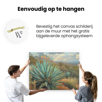 Canvas Schilderij Ophangen Cactus in de Woestijn met Bergen op de Achtergrond