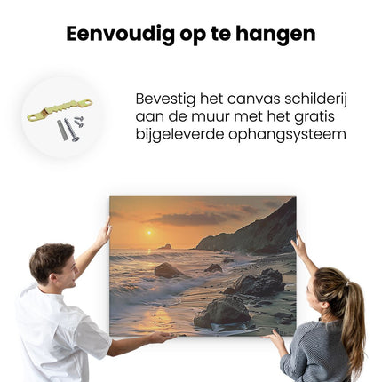Canvas Schilderij Ophangen De Zon gaat onder boven een Rotsachtig Strand