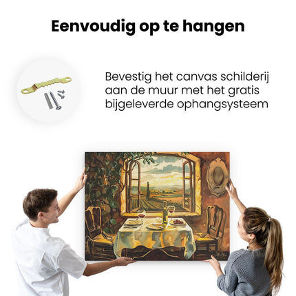 Canvas Schilderij Ophangen Kunstwerk van een Tafel met Wijn en Uitzicht op Toscane