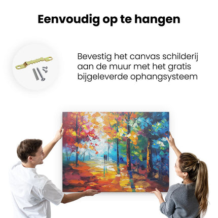 Canvas Schilderij Ophangen Olieverfschilderij van een Stel dat in het Bos loopt