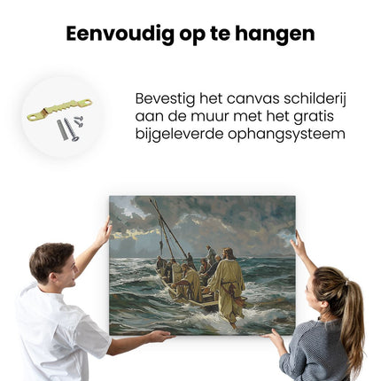 Canvas Schilderij Ophangen Kunstwerk van Jezus en zijn Volgelingen in een Boot