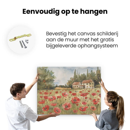 Canvas Schilderij Ophangen Aquarelkunstwerk van Rode Klaprozen voor een Huis