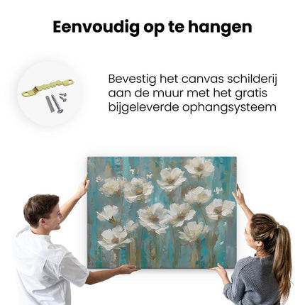 Canvas Schilderij Ophangen Witte Bloemen op een Blauwe Achtergrond