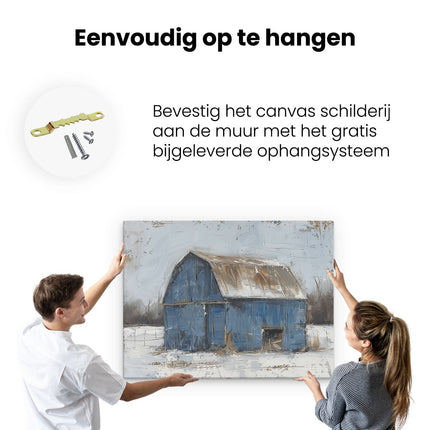 Canvas Schilderij Ophangen Kunstwerk van een Blauwe Schuur in de Sneeuw
