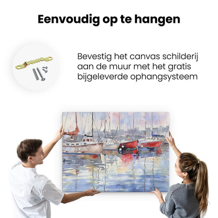 Canvas Schilderij Ophangen Aquarelkunstwerk van Zeilboten Aangemeerd in een Haven