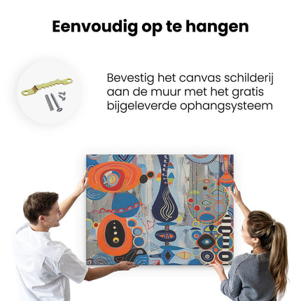 Canvas Schilderij Ophangen Abstract Kunstwerk met Blauwe, Oranje en Zwarte Vormen
