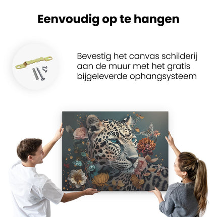 Canvas Schilderij Ophangen Luipaard Omgeven door Bloemen