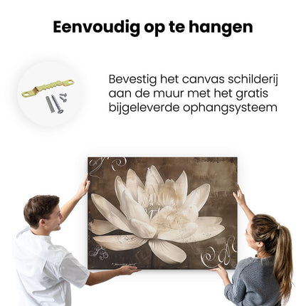 Canvas Schilderij Ophangen Witte Lotusbloem op een Bruine Achtergrond