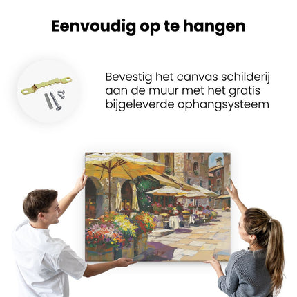 Canvas Schilderij Ophangen Kunstwerk van een Straattafereel met Parasols en Bloemen