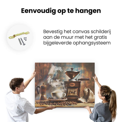 Canvas Schilderij Ophangen Koffiemolen en een Kopje Koffie op een Tafel
