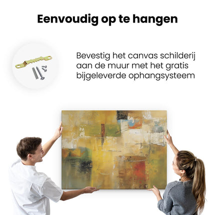 Canvas Schilderij Ophangen Abstract Kunstwerk met Gele, Groene en Bruine Kleuren