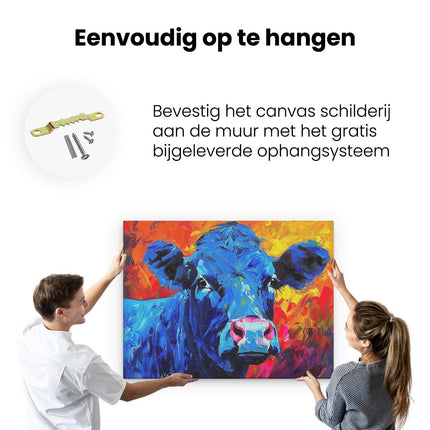 Canvas Schilderij Ophangen Kunstwerk van een Blauwe Koe