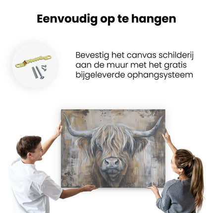 Canvas Schilderij Ophangen Kunstwerk van een Hooglandkoe