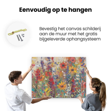 Canvas Schilderij Ophangen Kleurrijke Bloemen in een Veld