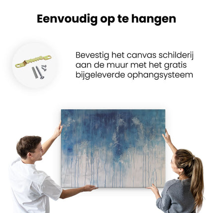 Canvas Schilderij Ophangen Abstract Kunstwerk met Blauwe en Witte Druppels