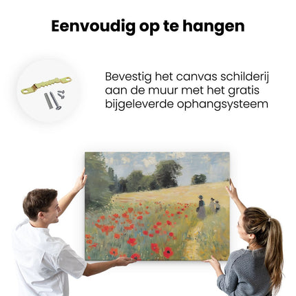 Canvas Schilderij Ophangen Kunstwerk van Mensen die door een Veld met Klaprozen Lopen