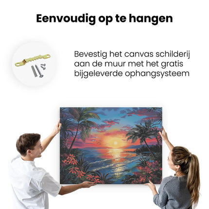 Canvas Schilderij Ophangen Kunstwerk van een Tropische Zonsondergang met Palmbomen en Bloemen